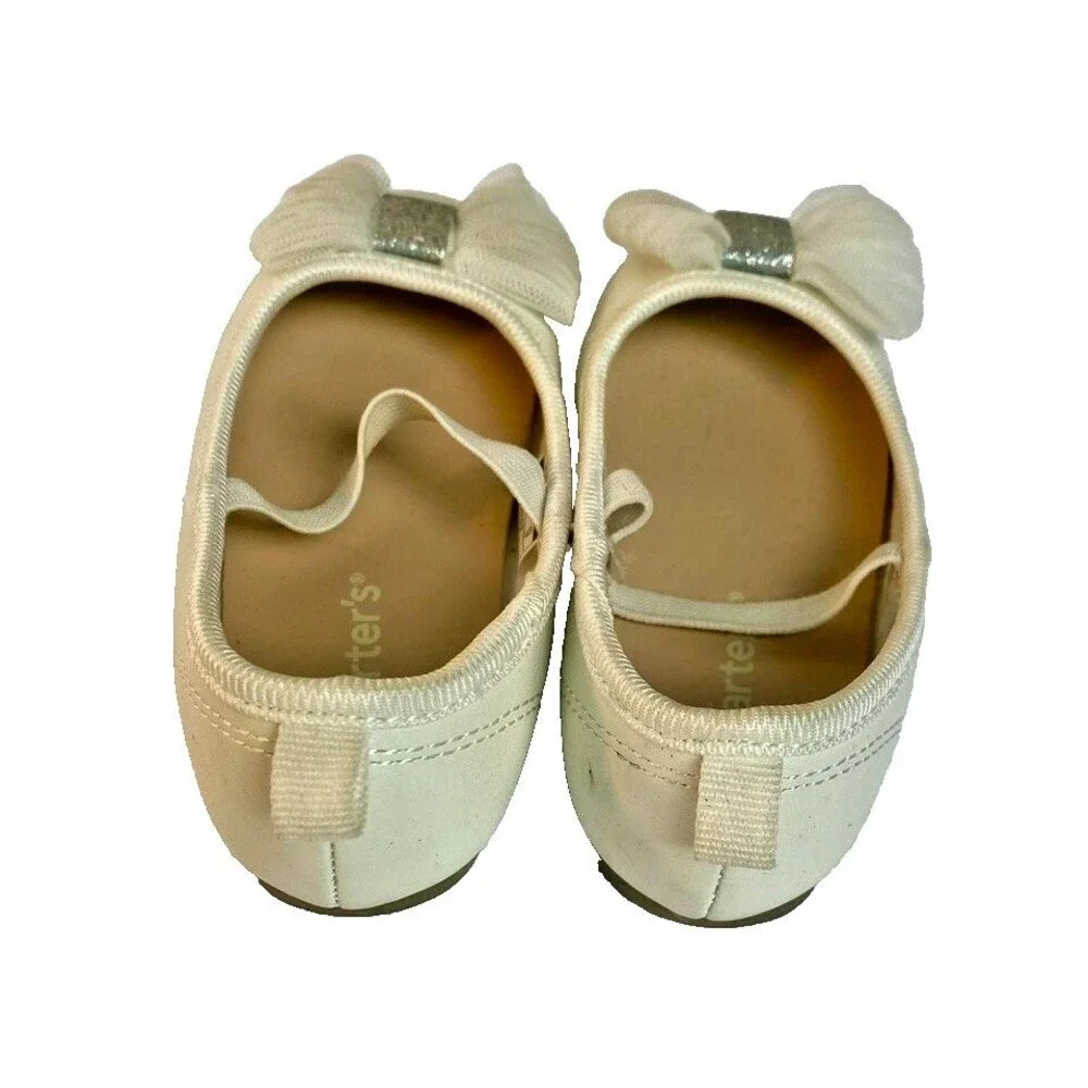 Toddler Girls Carter's Flat White Dress Shoes with Bow and Strap Size 6 Toddler